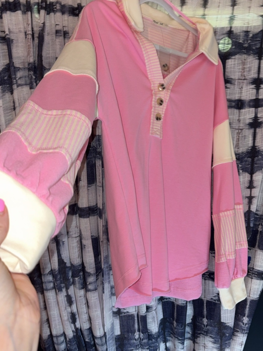 Pink Button-Front Rugby Pullover Top - Picture 6 of 8
